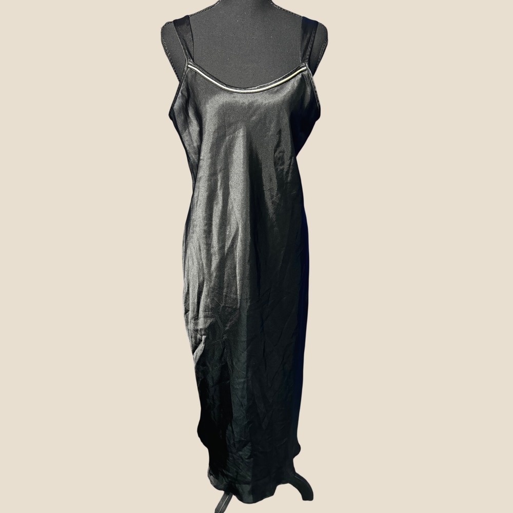 Vtg Womens Black Satin Maxi Slip Dress Sz M LBD Whimsigoth Evening Date Hoco